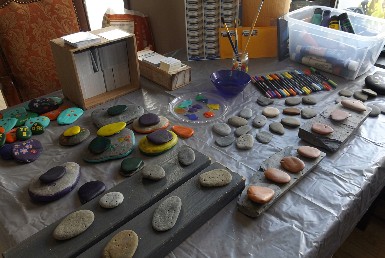 The work table covered with rocks, paints and brushes